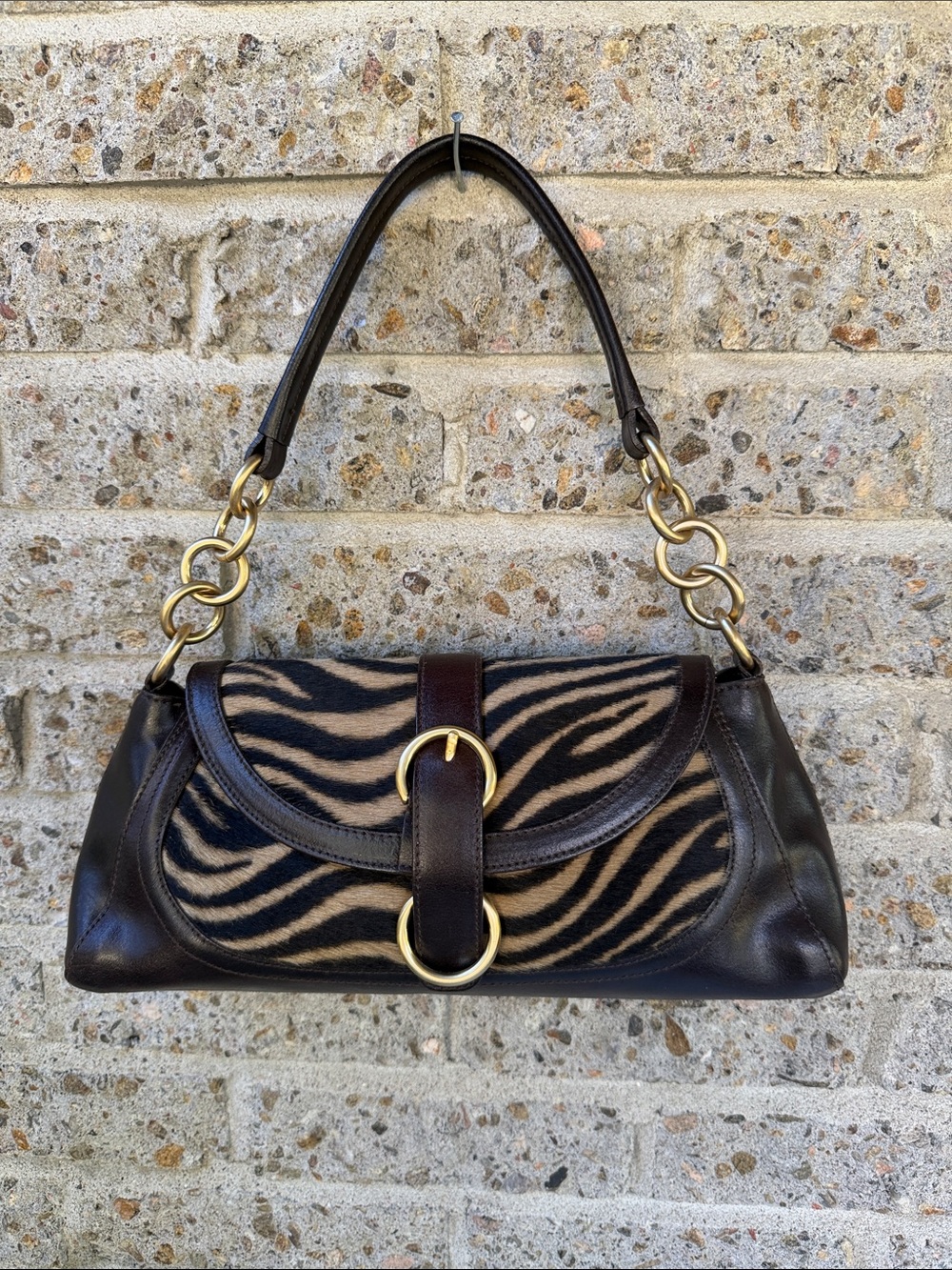 Vintage Furla Brown Leather Zebra Calf Hair Baguette Shoulder Bag